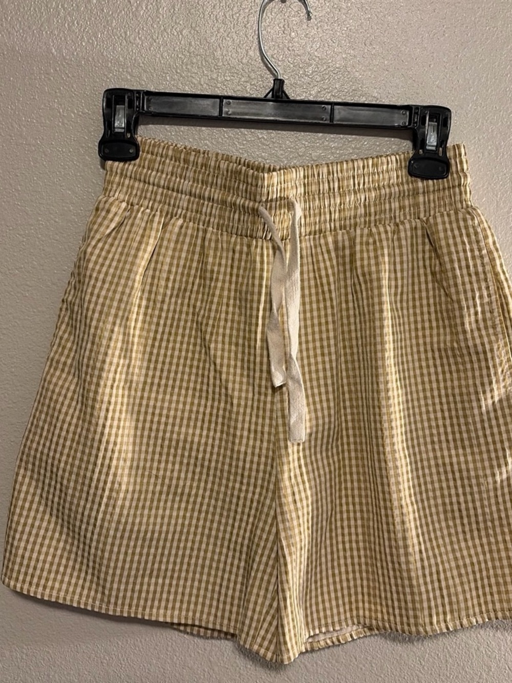 Roolee Tan Gingham High-Waist Drawstring Shorts